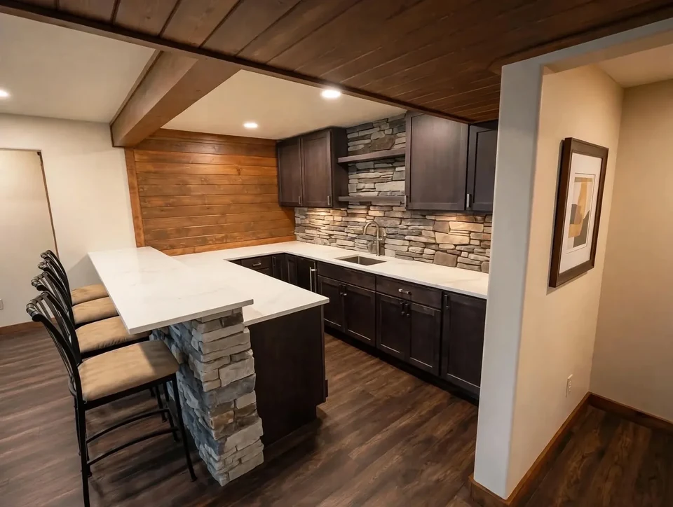 Kitchen with dark cabinets, a white island, a textured backsplash, and a wood ceiling.