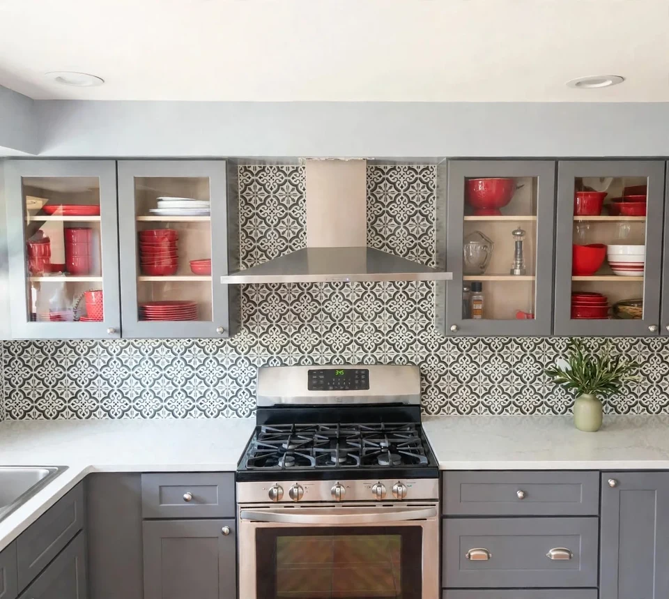 Gray kitchen cabinets, a range, patterned tile backsplash, and glass-front upper cupboards.