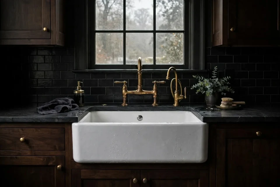 White apron-front sink beneath a window, with a brass bridge faucet, dark wood cabinetry, and dark stone countertops.