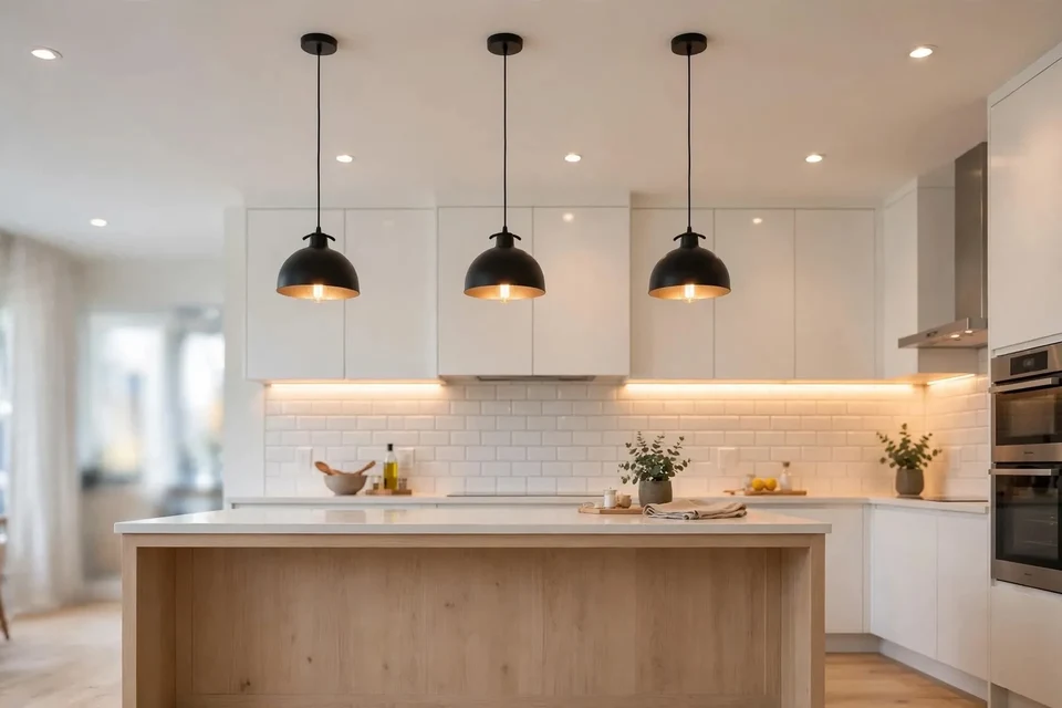 Bright kitchen with a natural wood island, pale cabinetry, three black pendant lights, and stacked wall ovens.