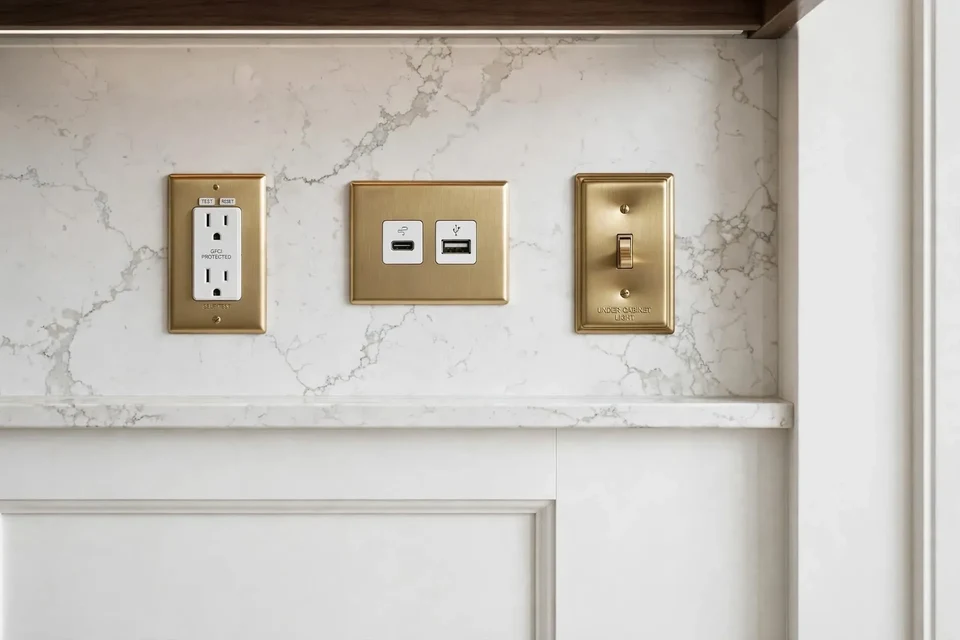 Brass electrical plates set into a pale veined stone backsplash above white cabinetry.