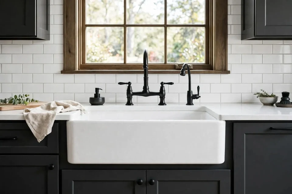 White apron-front sink with a black bridge faucet beneath a wood-framed window, surrounded by dark cabinetry and a white tile backsplash.