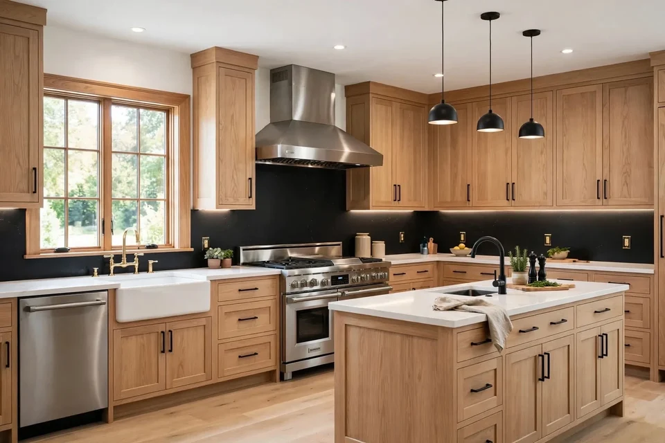 Natural wood kitchen cabinetry and a central island with pale countertops, a stainless steel range and hood, black backsplash, and pendant lighting.
