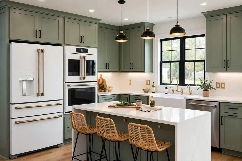 Green kitchen cabinetry surrounding white appliances and a central island with a pale countertop, woven stools, and black pendant lights.