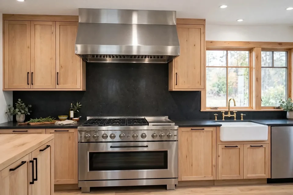 Stainless steel range and wide hood between natural wood cabinets, with a black backsplash and a wood-framed window.