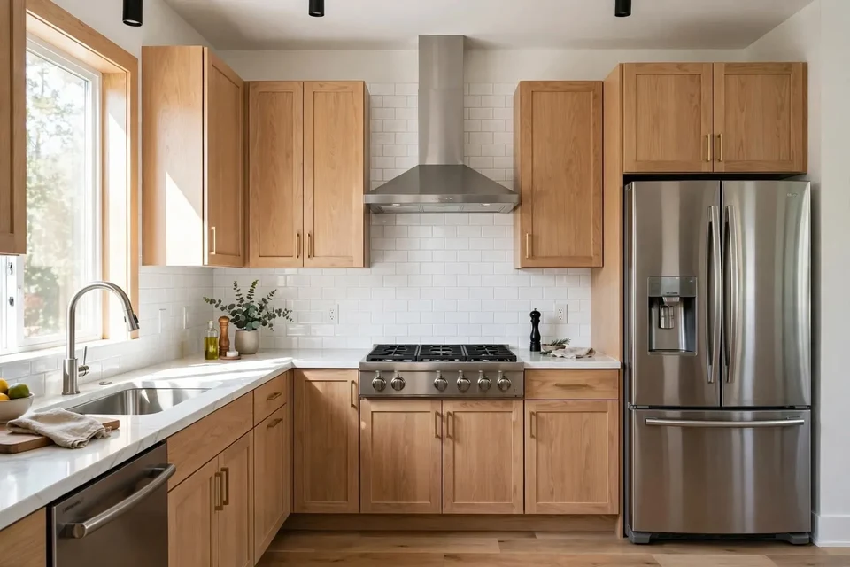 Kitchen with natural wood cabinets, pale countertops, a window above the sink, and a stainless steel range, hood, dishwasher, and refrigerator.