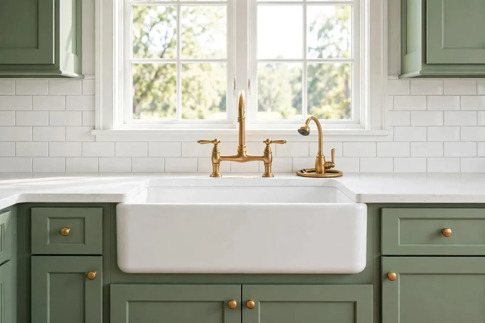 White apron-front sink beneath a window, with a brass bridge faucet, green lower cabinets, pale countertops, and a white tile backsplash.