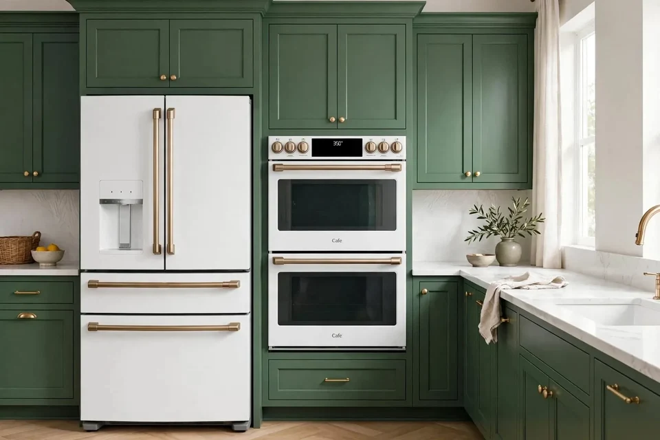 Green cabinetry surrounding a white refrigerator and stacked wall ovens beside a pale counter and window.