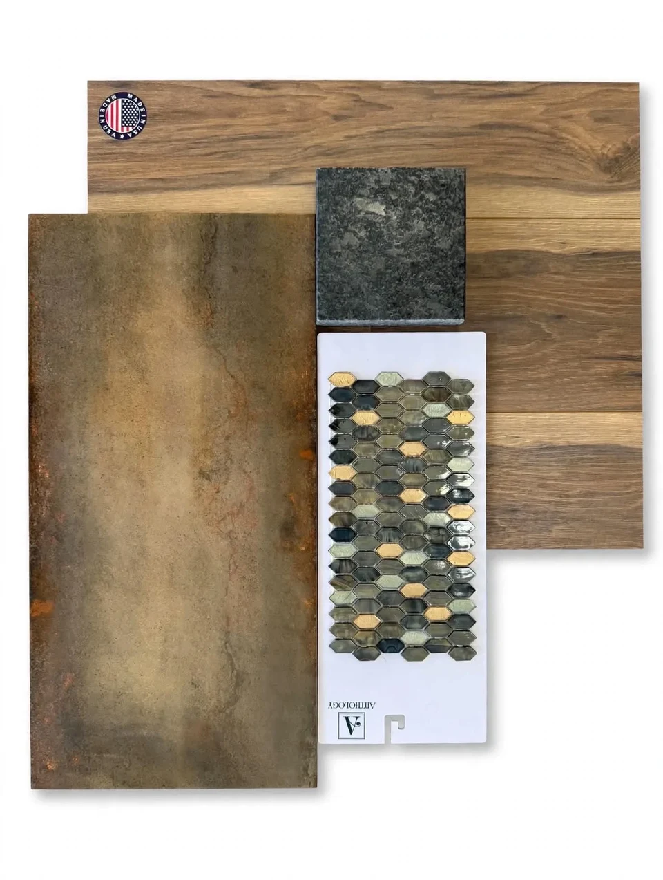 Material selection board with coordinated wood, stone, tile, and finish samples.