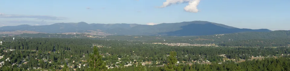 Homes among trees in Spokane Valley, with forested hills rising in the distance, viewed from Eagle Peak.
